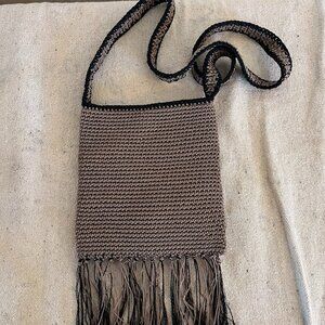 The Sak Brown Black Trim Crochet Fringe Bohemian Festival Shoulder Bag